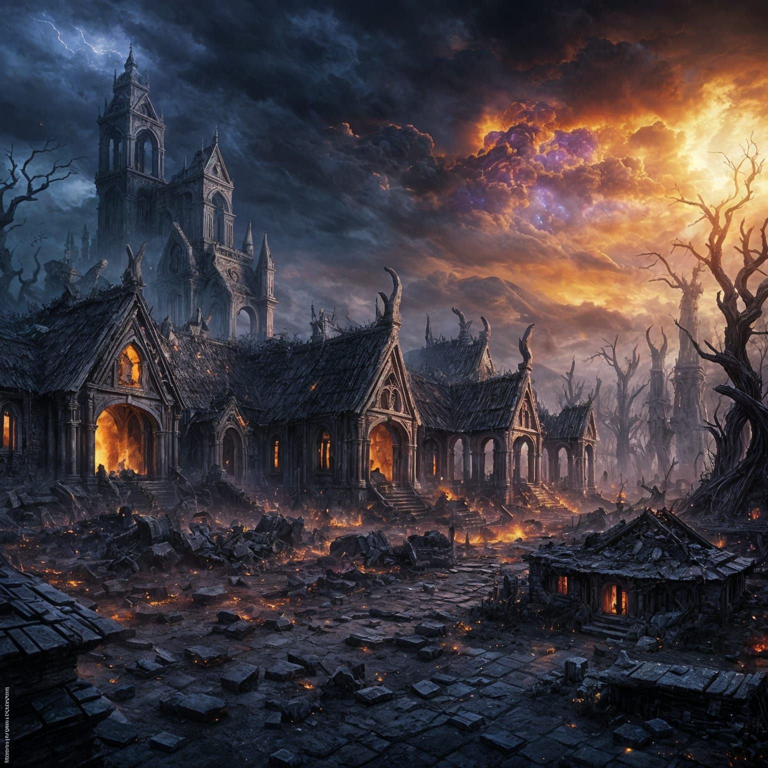 Ruined Elven Village in Dark Fantasy Style