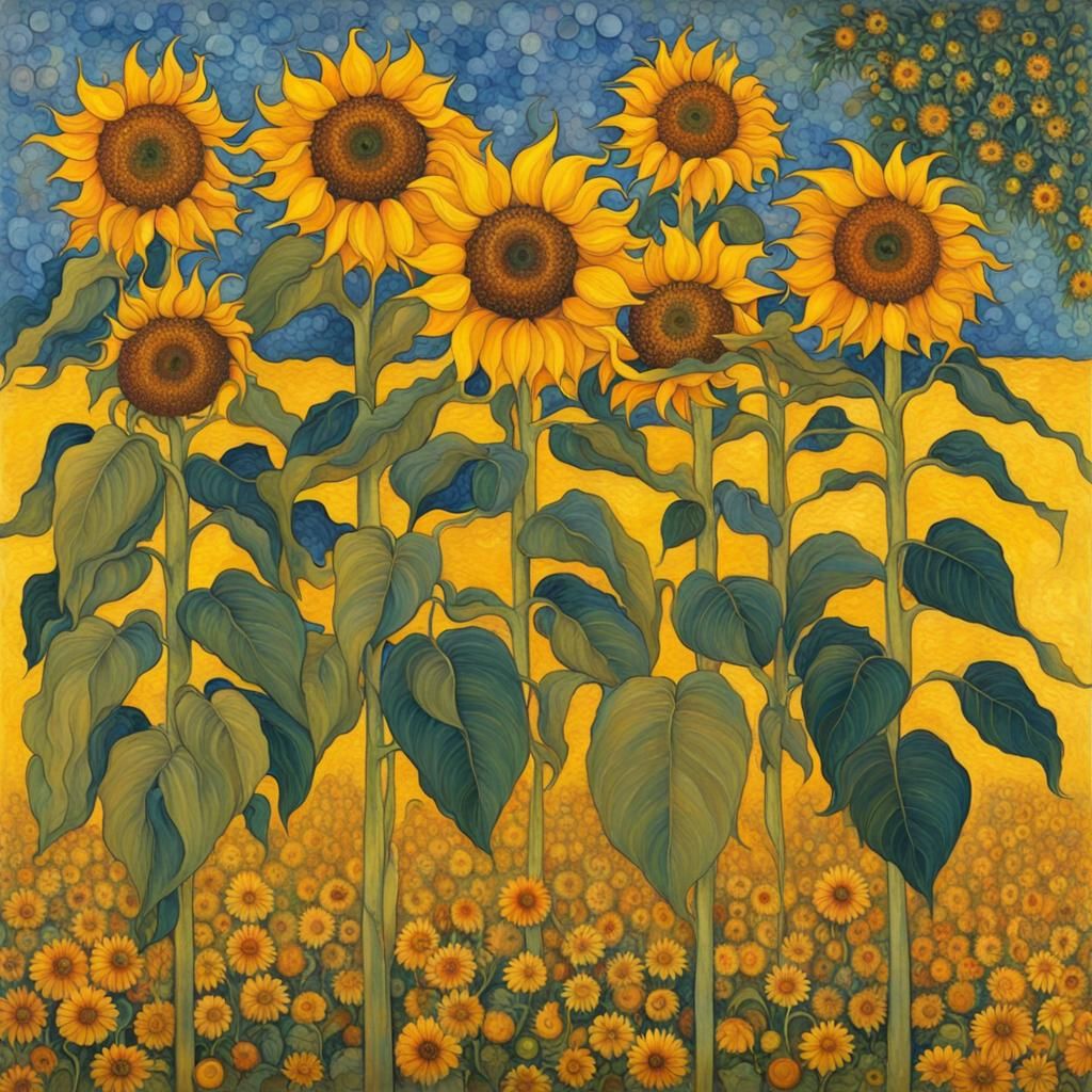 Sunflowers in Garden: A Klimt-Inspired Art Nouveau Scene
