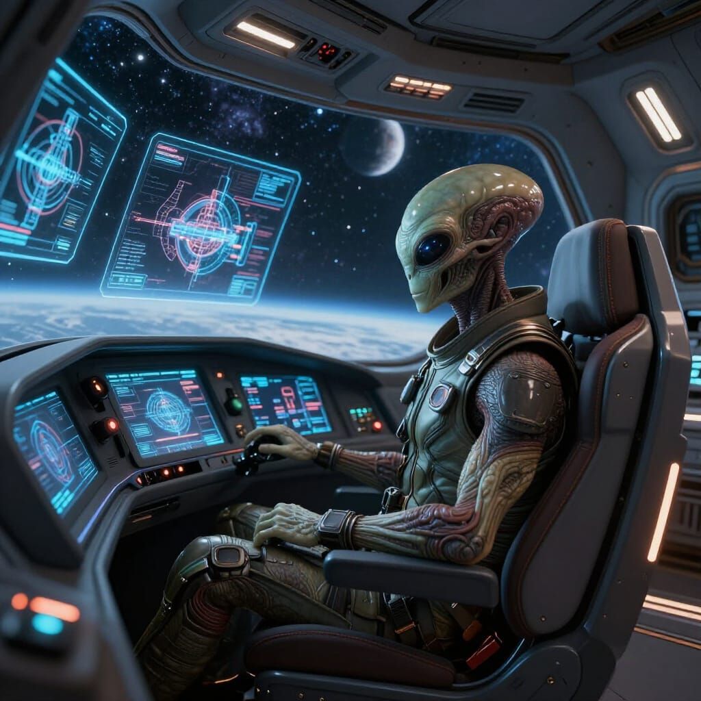Alien Pilot in Advanced Spaceship Cockpit