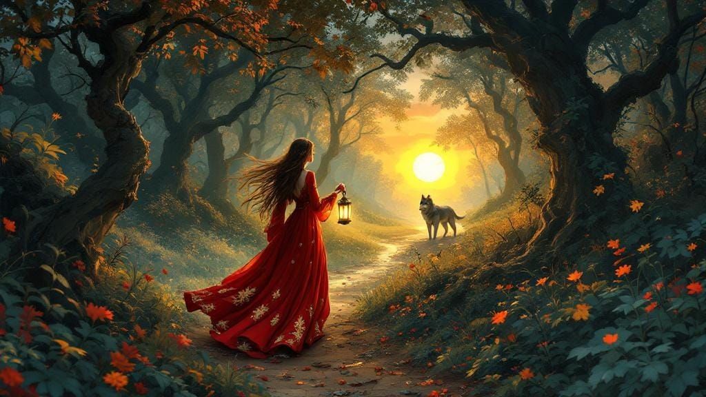 Woman and Wolf in Enchanting Forest, Whimsical Style