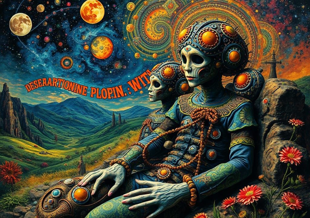 Cosmic Dreamscape: Extravagant Characters in Oil Painting