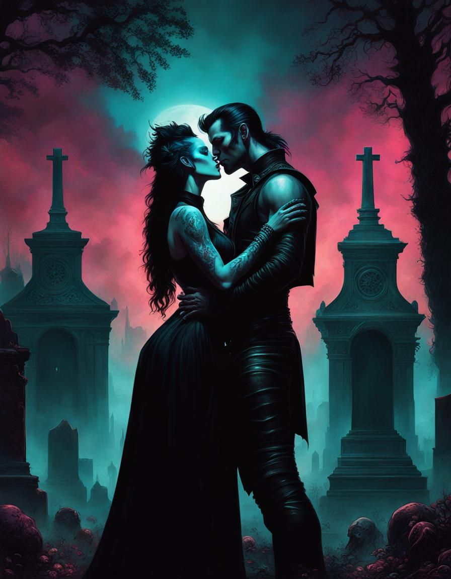 Goth Punk Couple Kissing in Cyberpunk Graveyard