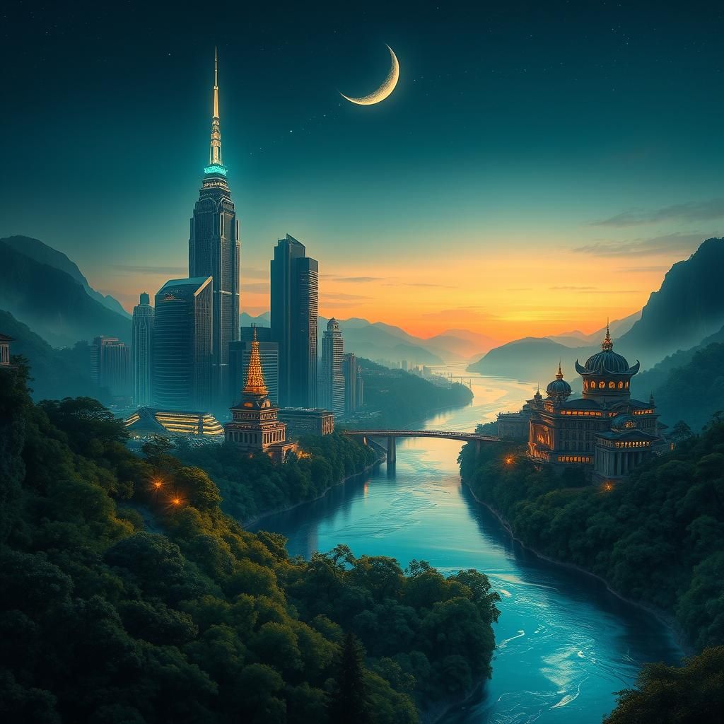 Cyberpunk River Vista Under Crescent Moon