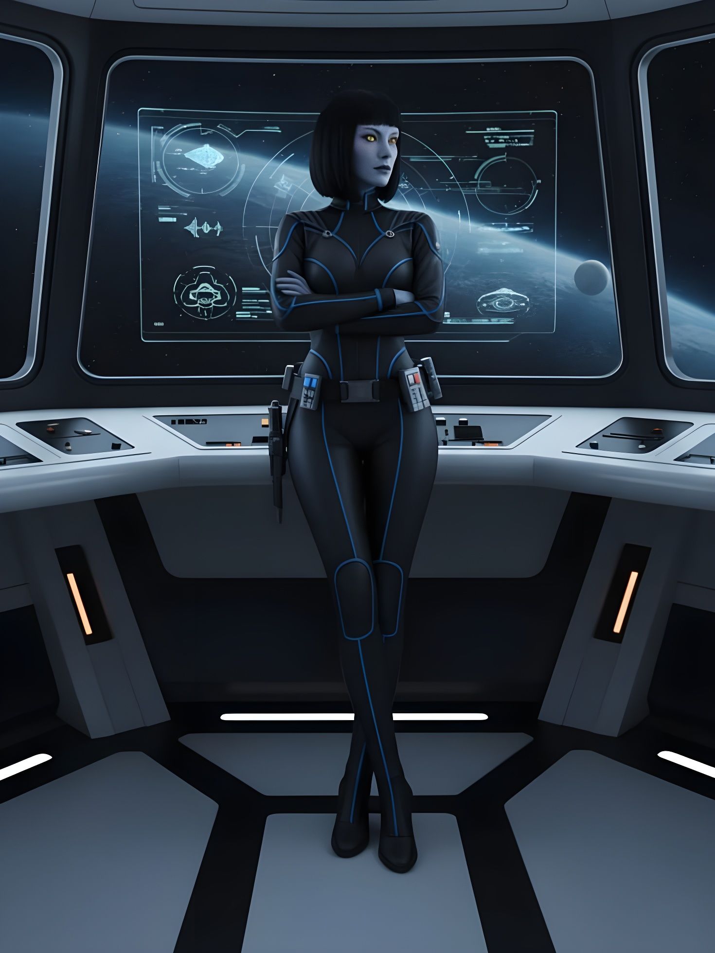 Futuristic Starship Interior with Woman in Syd Mead Style