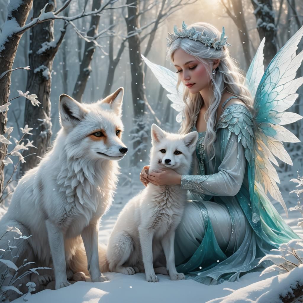 Winter Fairy with Fox in Hyper-Realistic Digital Art