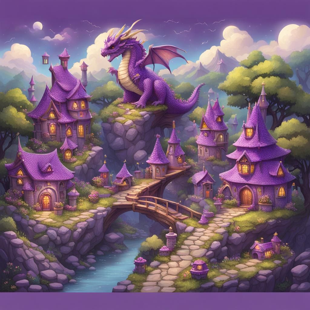 Enchanting Fairy Town with Purple Dragon