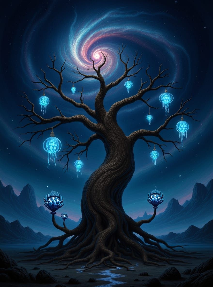 Ancient Nebula Tree with Crystalline Fruits and Ethereal Cre...