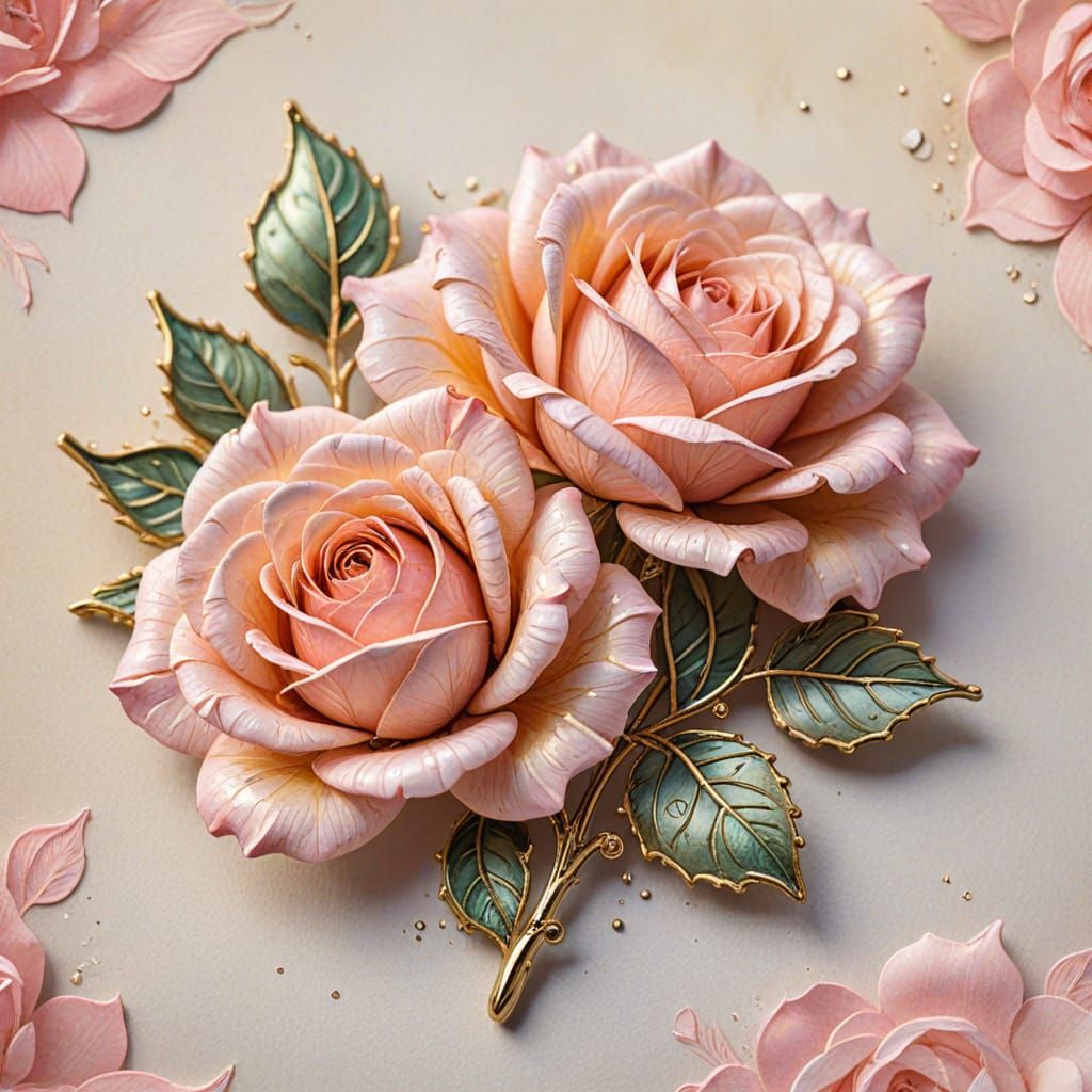 Delicate Pink Roses Bloom as a Sparkling Brooch in Watercolo...