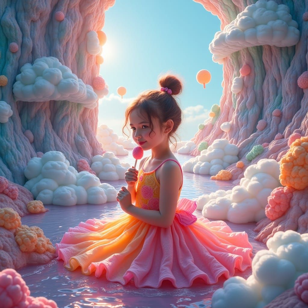 Girl Licking Lollipop in Dreamlike Fantasy Landscape