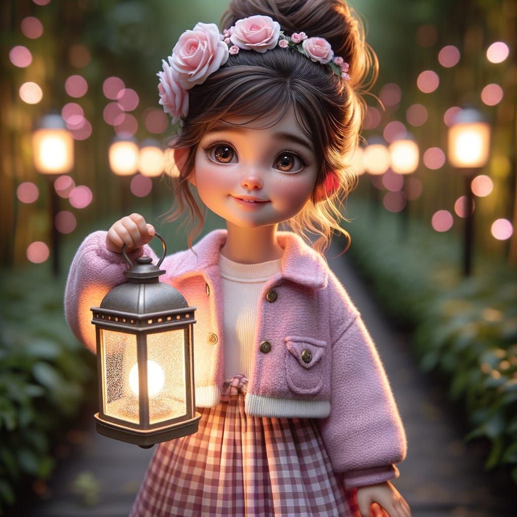 Charming Girl with Lantern in Twilight Garden