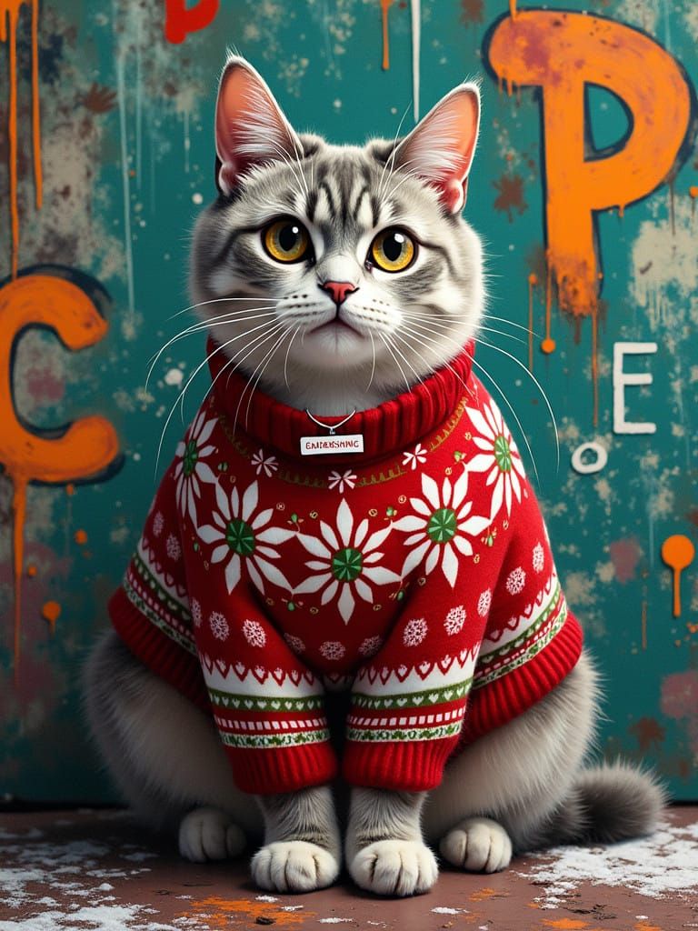 Oriental Cat in Vibrant Christmas Sweater Amidst Urban Graff...