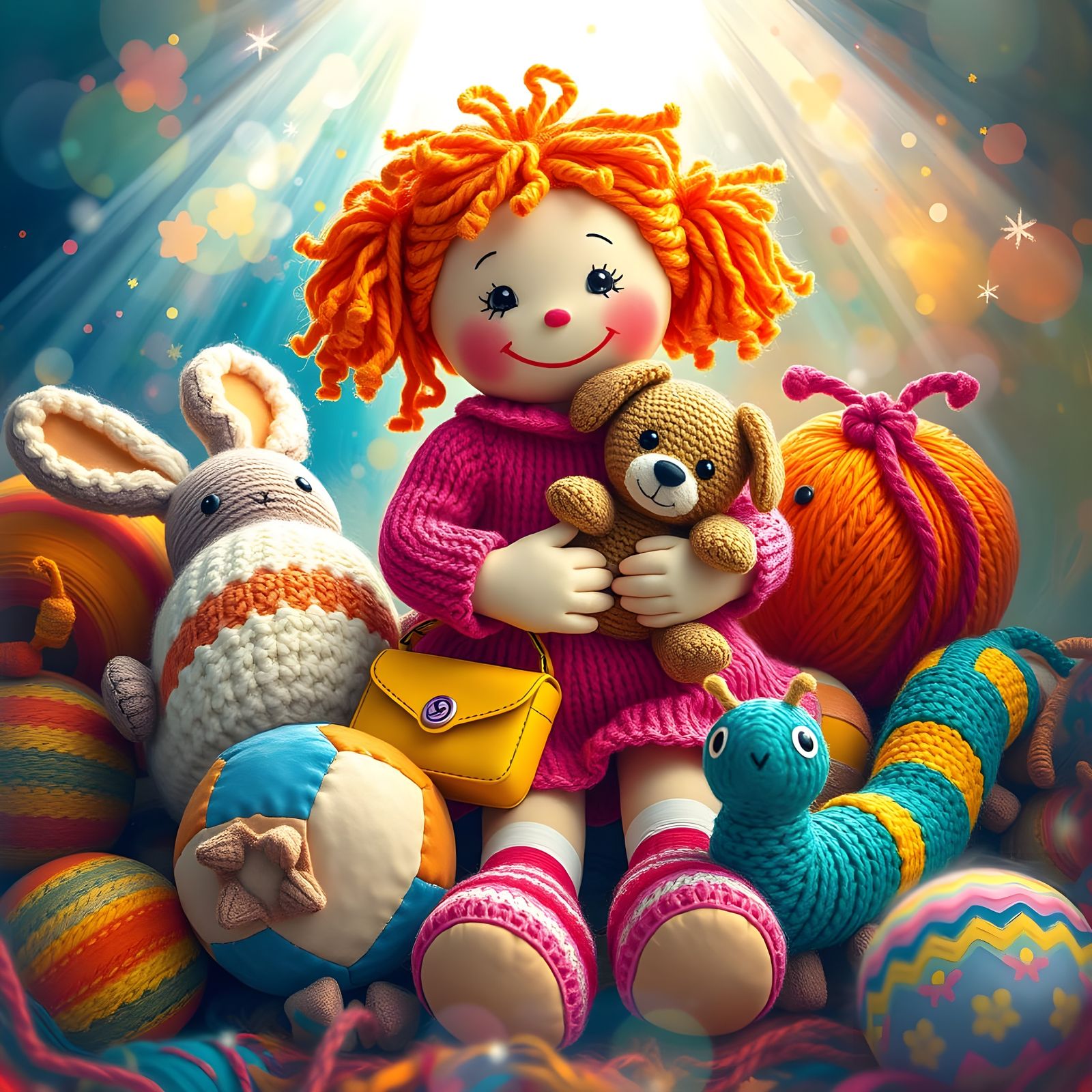Vibrant Rag Doll Playtime in Whimsical Knitted Wonderland