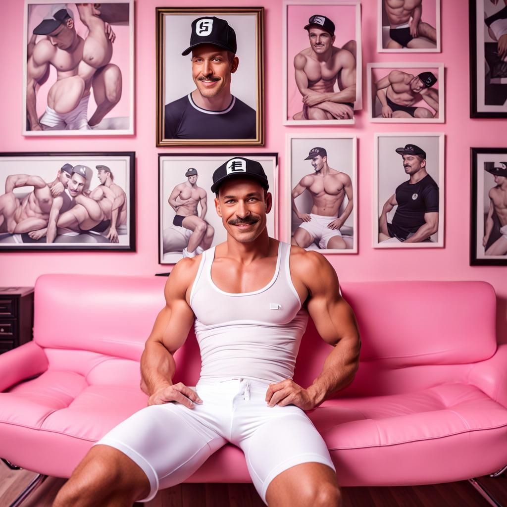 Tom of Finland Style Athlete on Pink Sofa