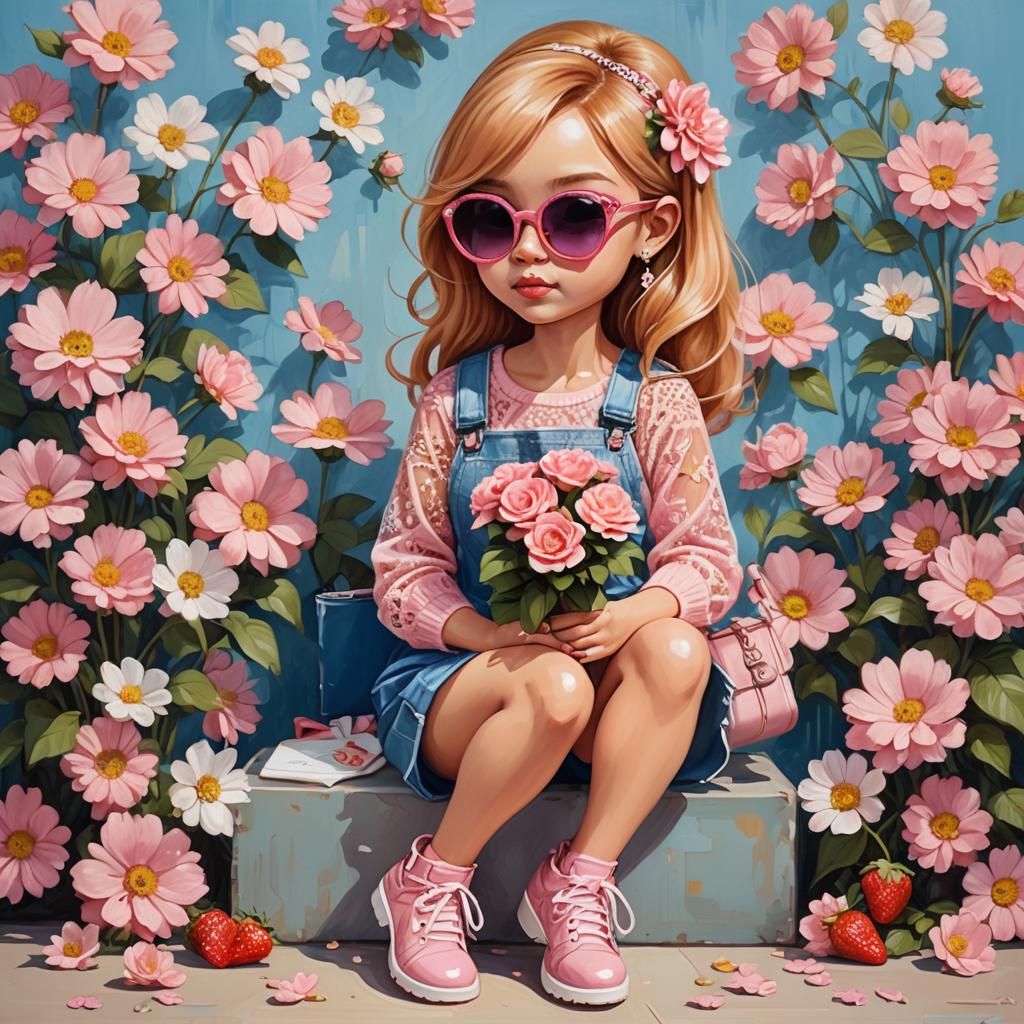 Glossy Oil Painting of a Chibi Woman with Flowers