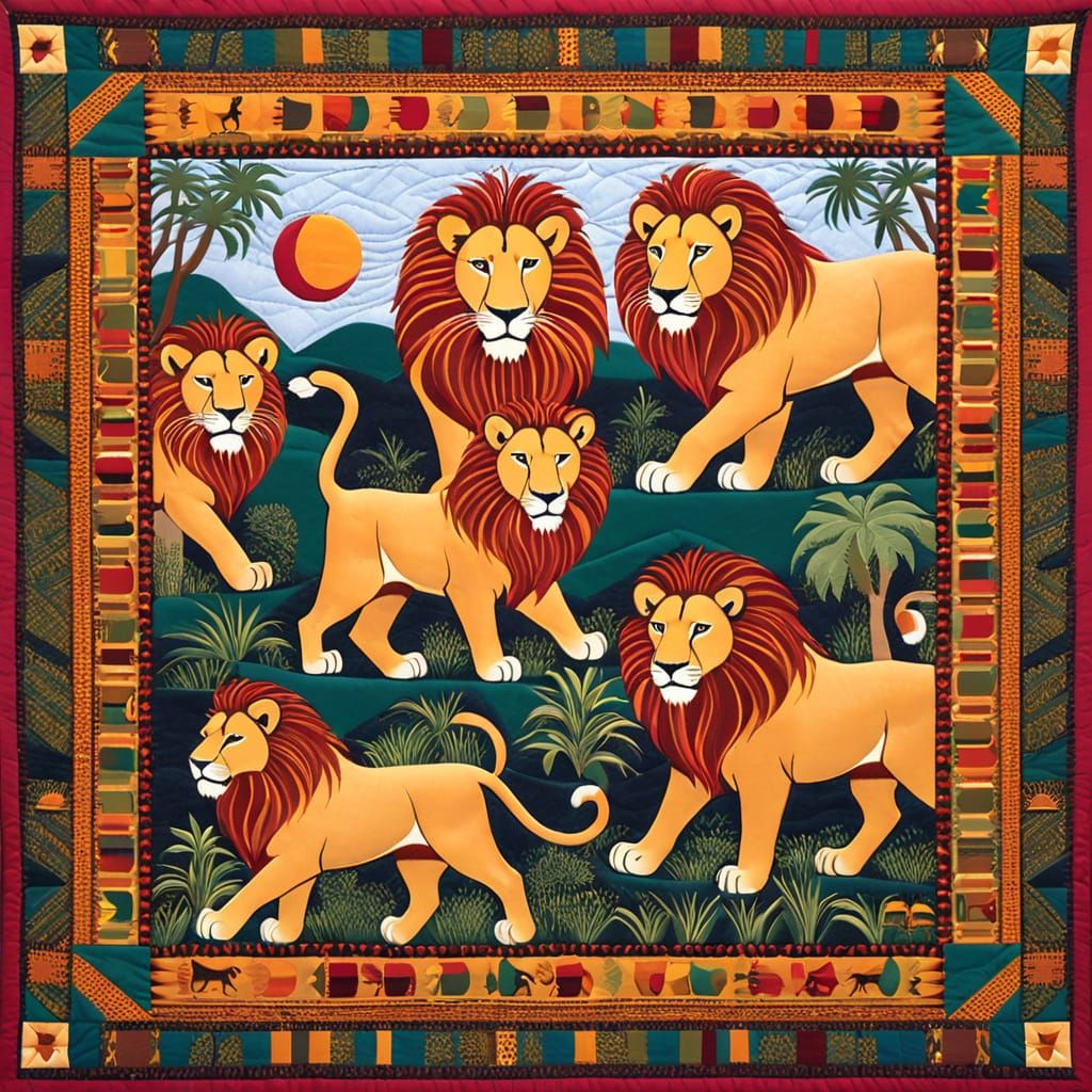 Quilt of a Pride of Lions in Africa.  