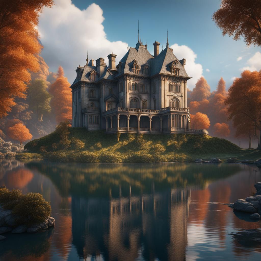 Manor House Overlooking Lake: Fantasy Concept Art
