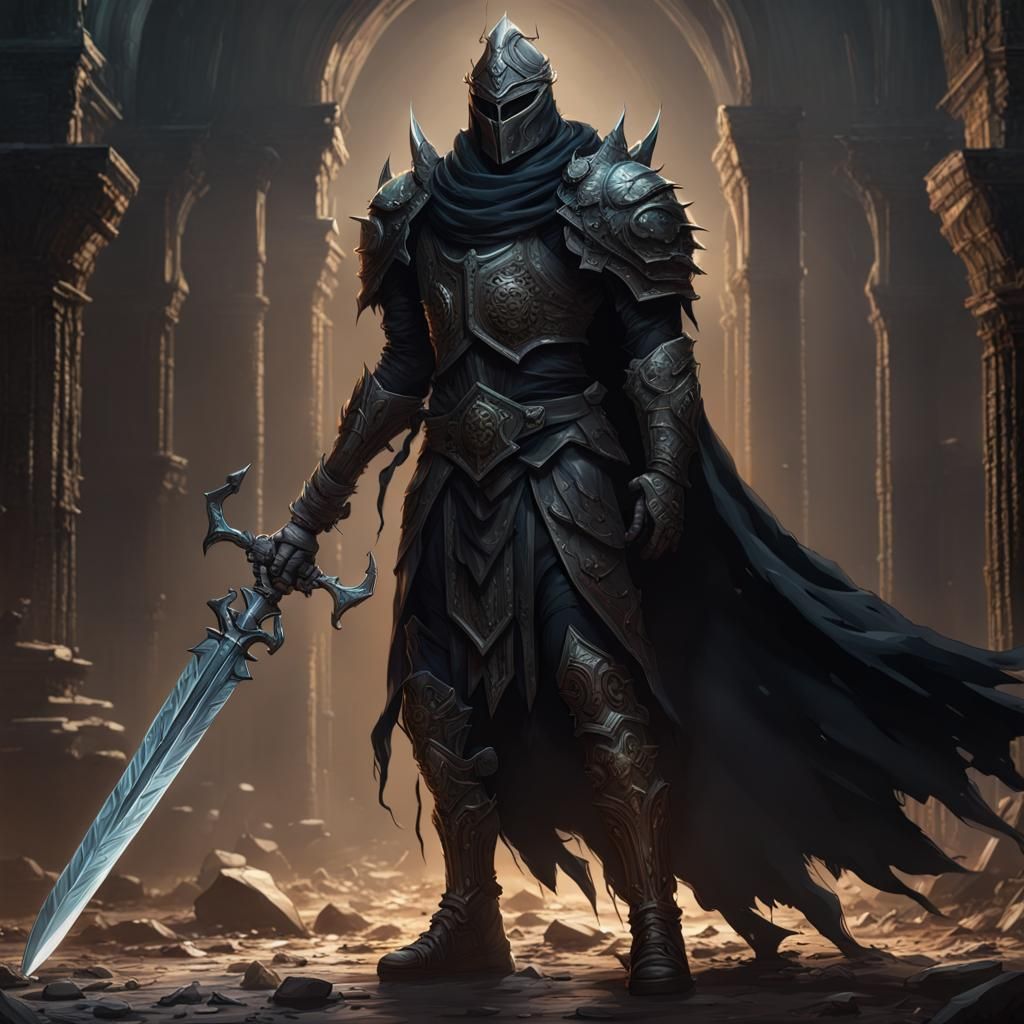 Intimidating Armored Figure with Shattered Sword