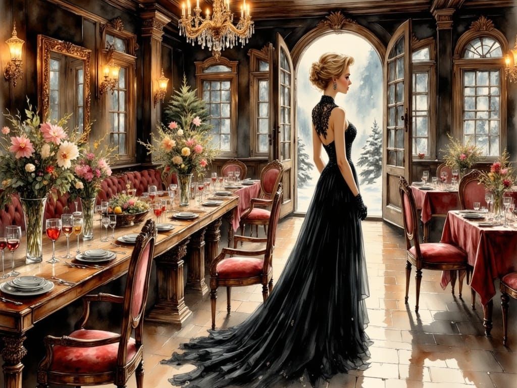 Princess in Elegant Black Dress at Alpine Lodge Cocktail Par...