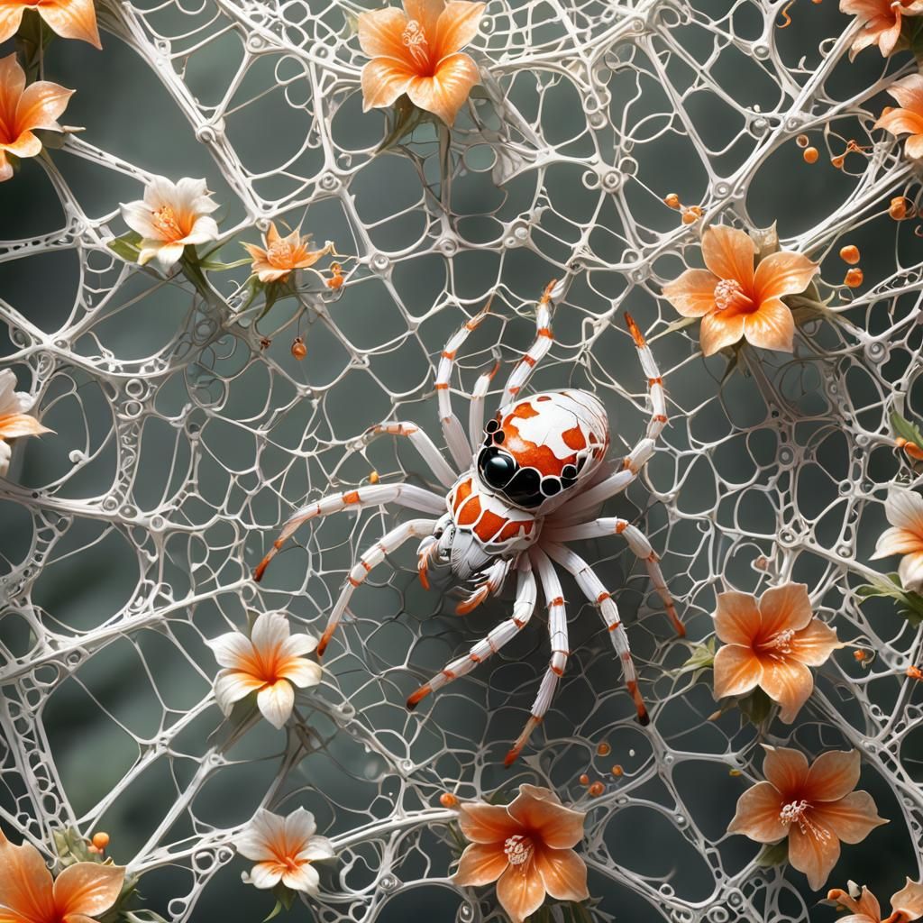 Iridescent Jumping Spider on Hibiscus Web in Anime Style