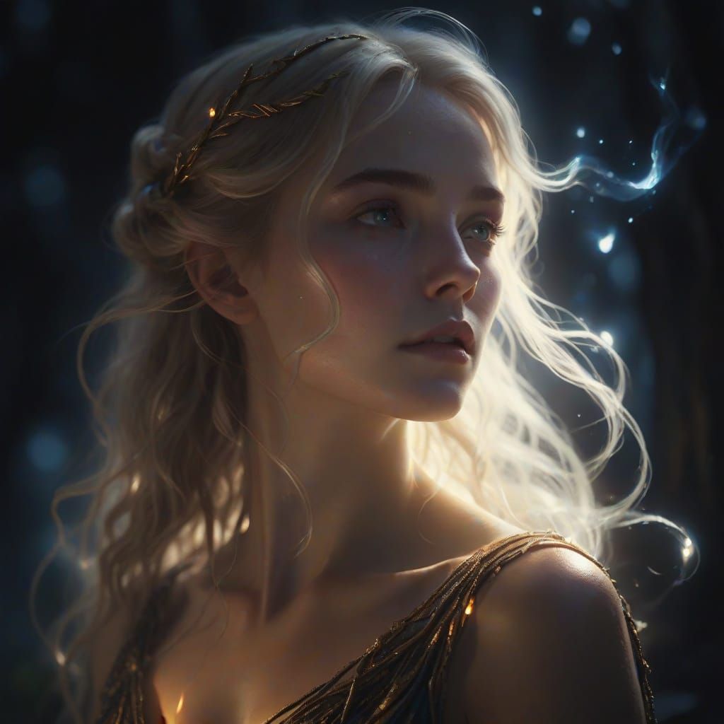 Sorceress of Light Illuminates Dark Mystical Forest