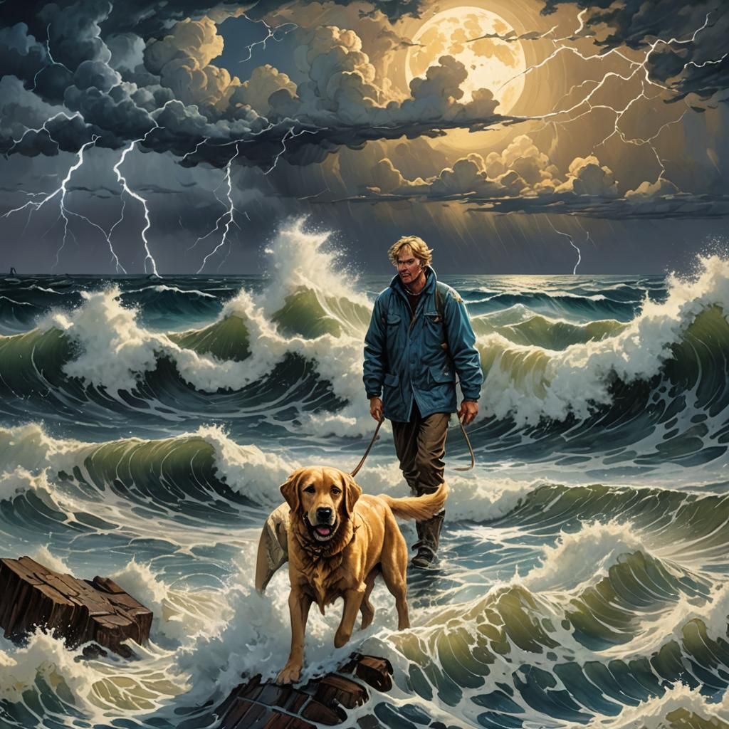 Man and Dog in Stormy Seas, Comic Book Art