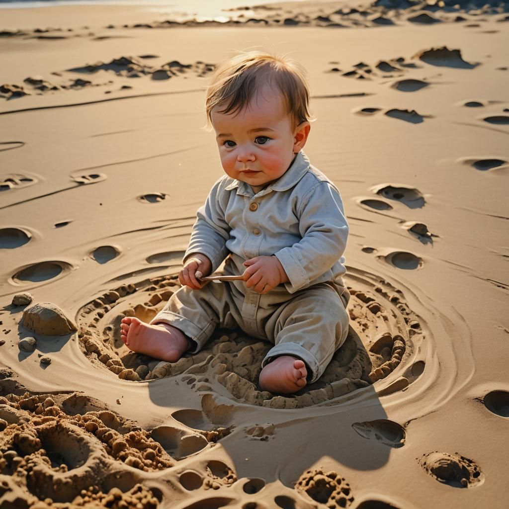 Baby on Beach in Impasto Gouache Style