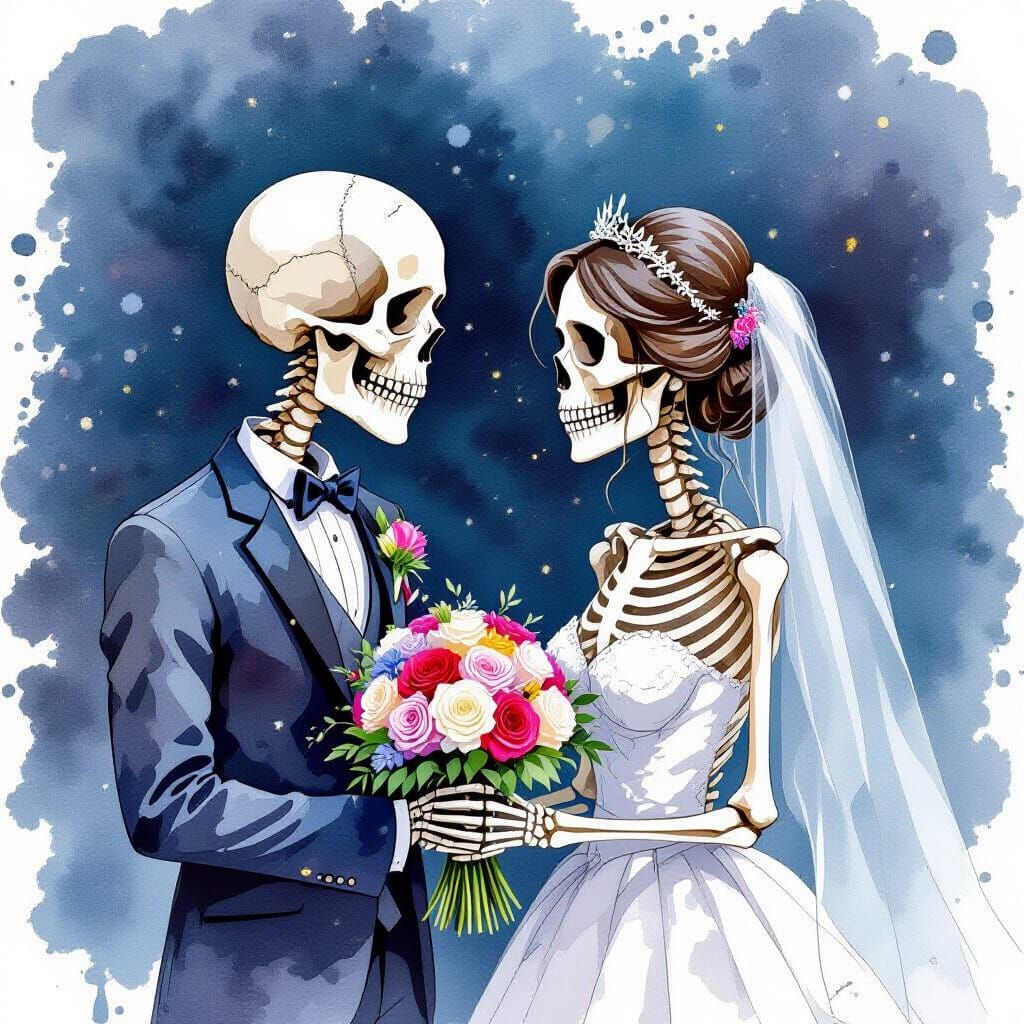 Skeletons Marrying in Watercolor Ink Splatter Style