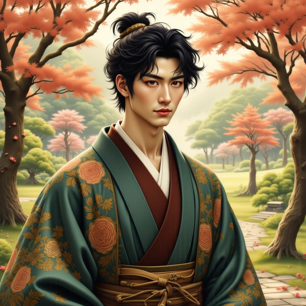 Meiji Prince in Garden: Ukiyo-e Style Portrait