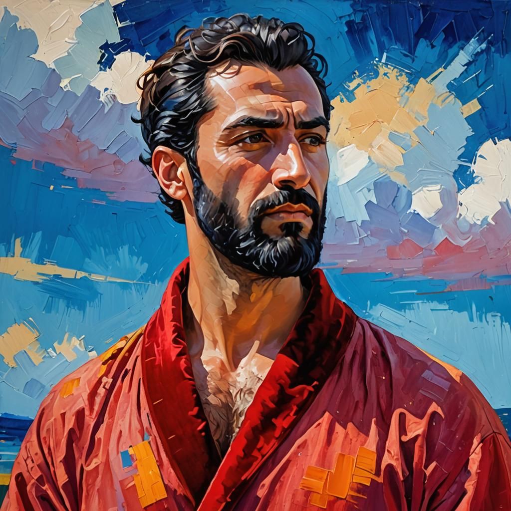 Handsome Man in Red Bathrobe, Impasto Gouache Portrait