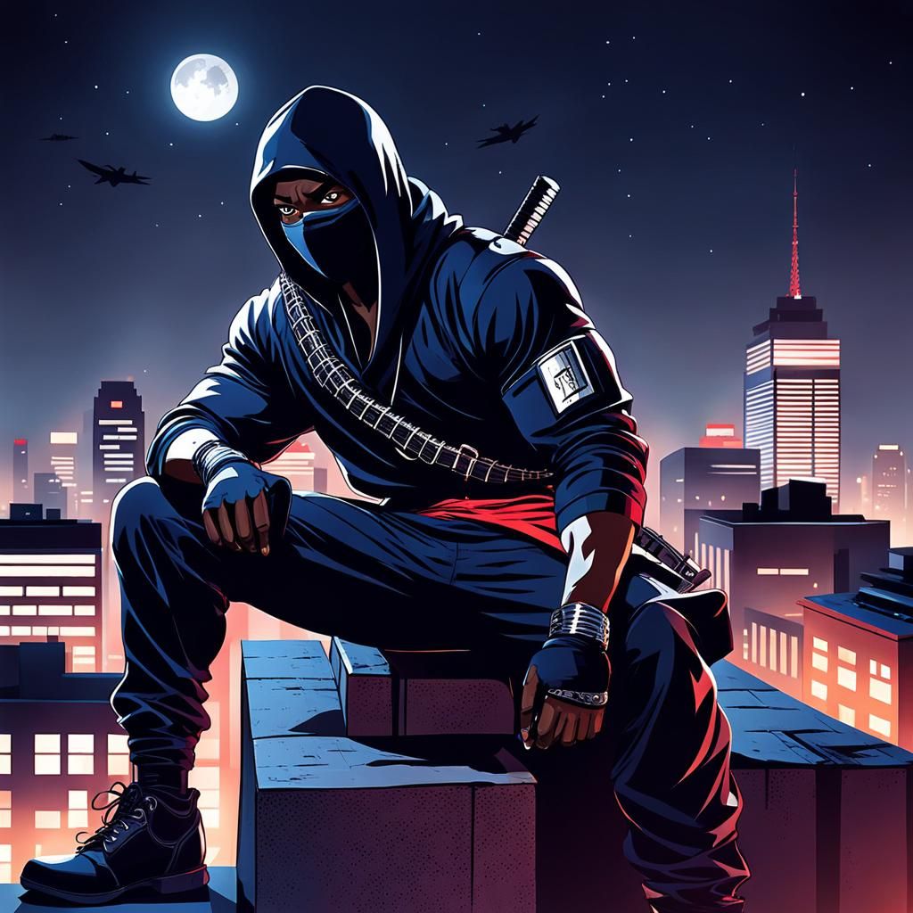 African American Ninja Overlooking City at Night