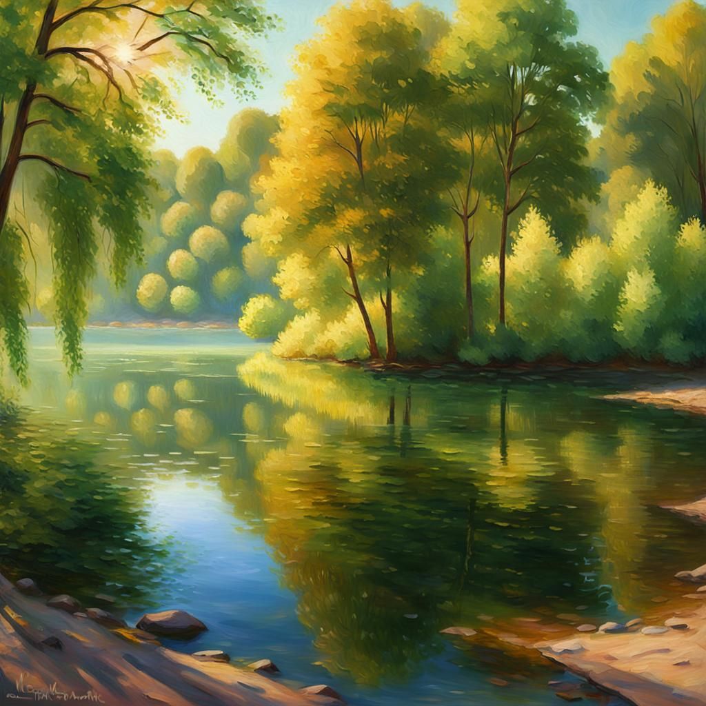 Impressionist Lake Shimmers in Golden Sunlight