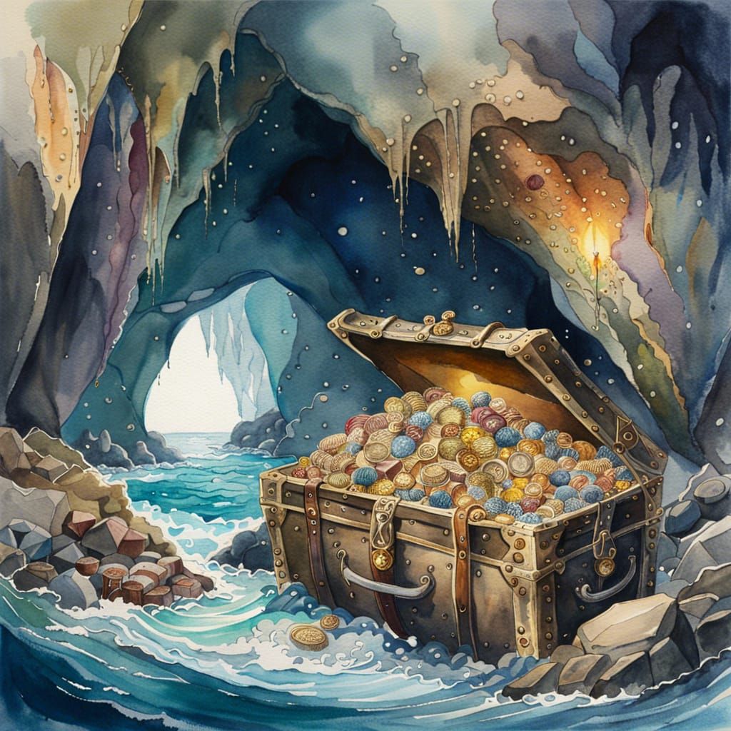 Watercolor pirate treasure cave