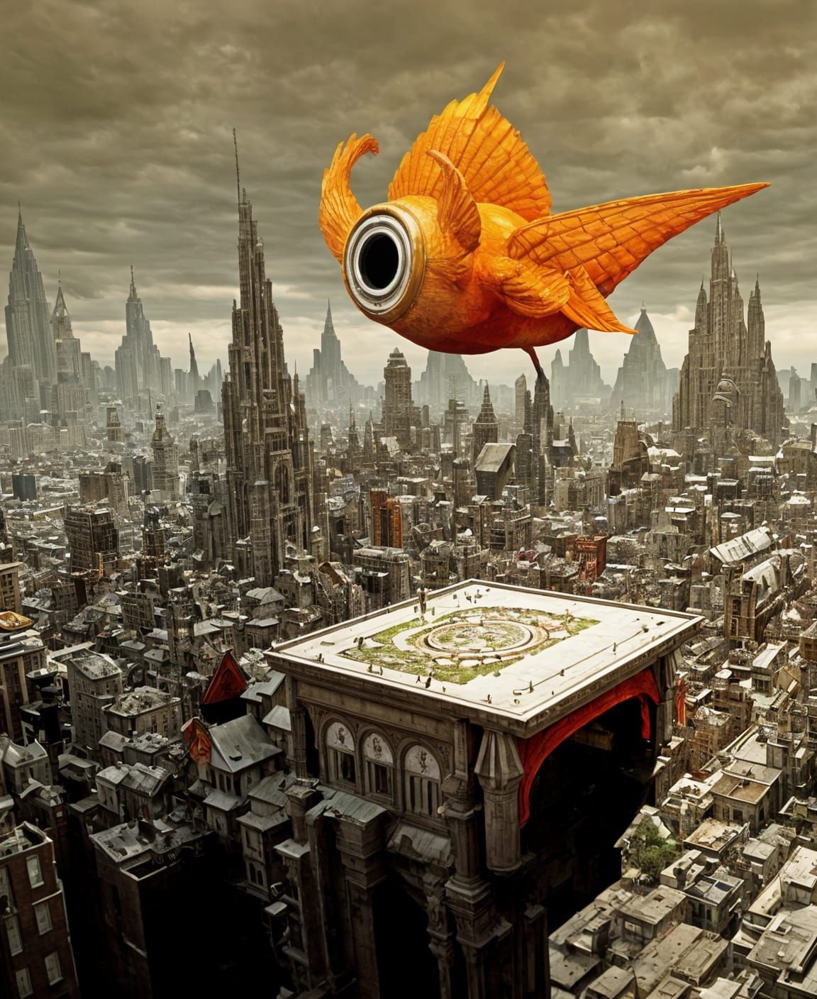 Futuristic Cityscape with Bizarre Creatures in Digital Art