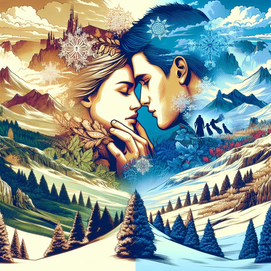 Comic-Art Double Exposure: Winter and Spring Couple