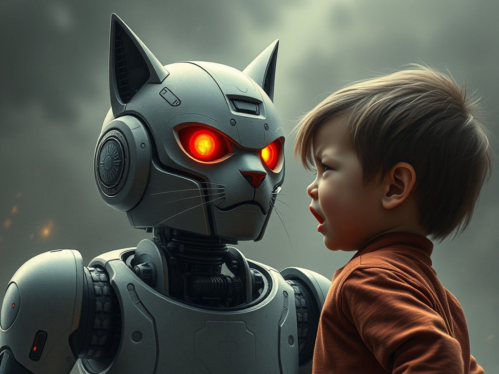 Toddler Cries at Robot Cat, Digital Illustration
