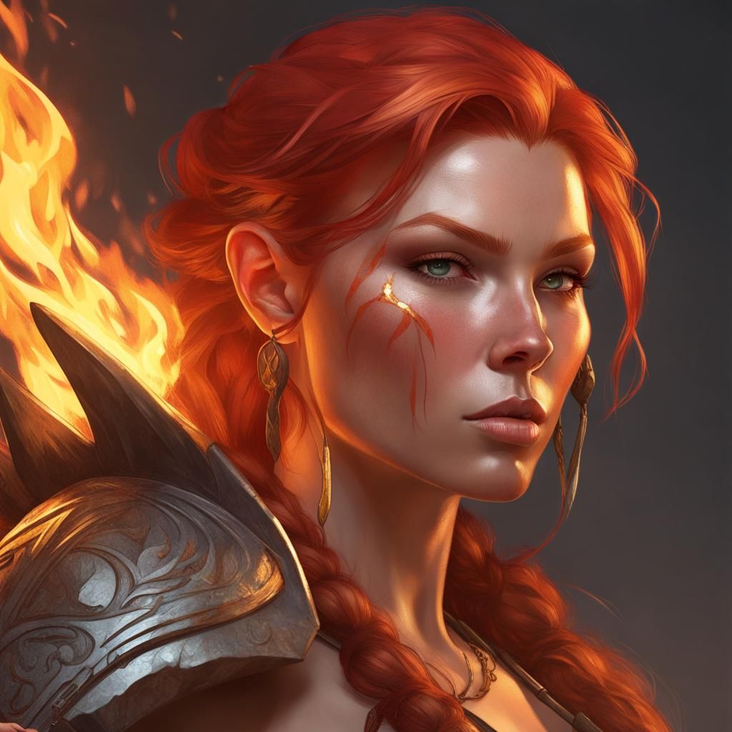 Fiery Druid Barbarian Portrait in Hyperdetailed Style