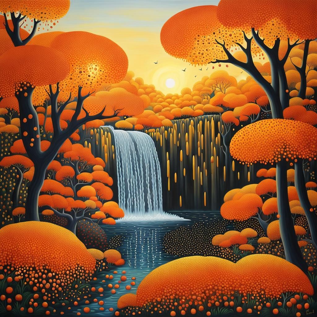 Waterfall Painting in Polka Dot Style