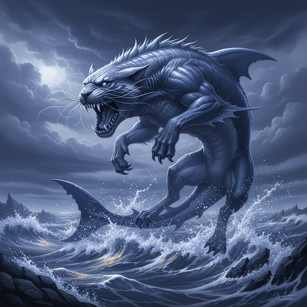 Fierce Feline-Shark Hybrid Leaping Through Waves