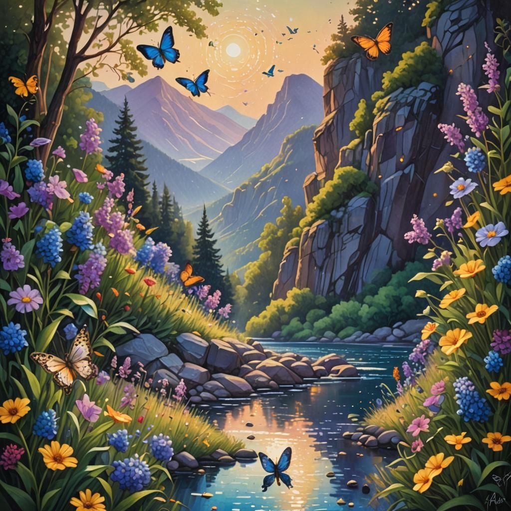 Pointillism Riverbank Landscape with Volumetric Lighting