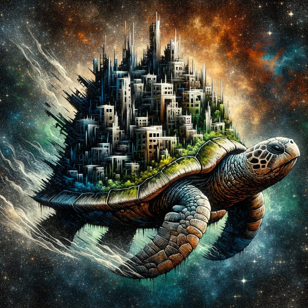 Scarred Sea Turtle Carries Ruined City Through the Cosmos