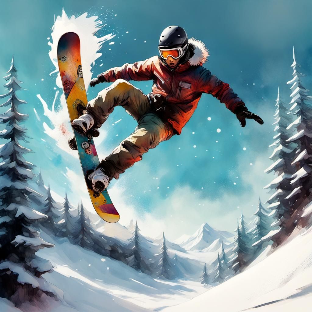 Snowboarder Backflip in Winter Wonderland Watercolor