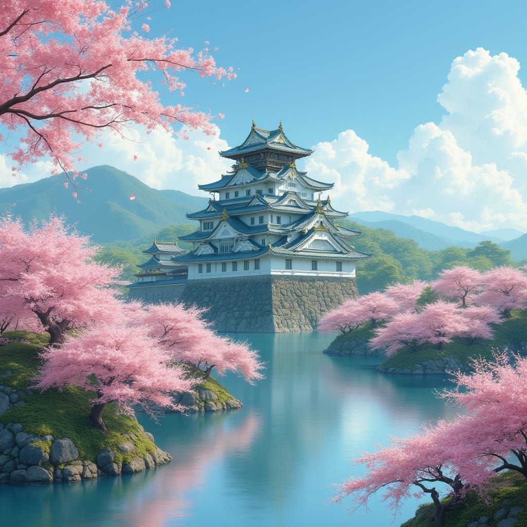 Japanese Castle in Serene Cherry Blossom Landscape