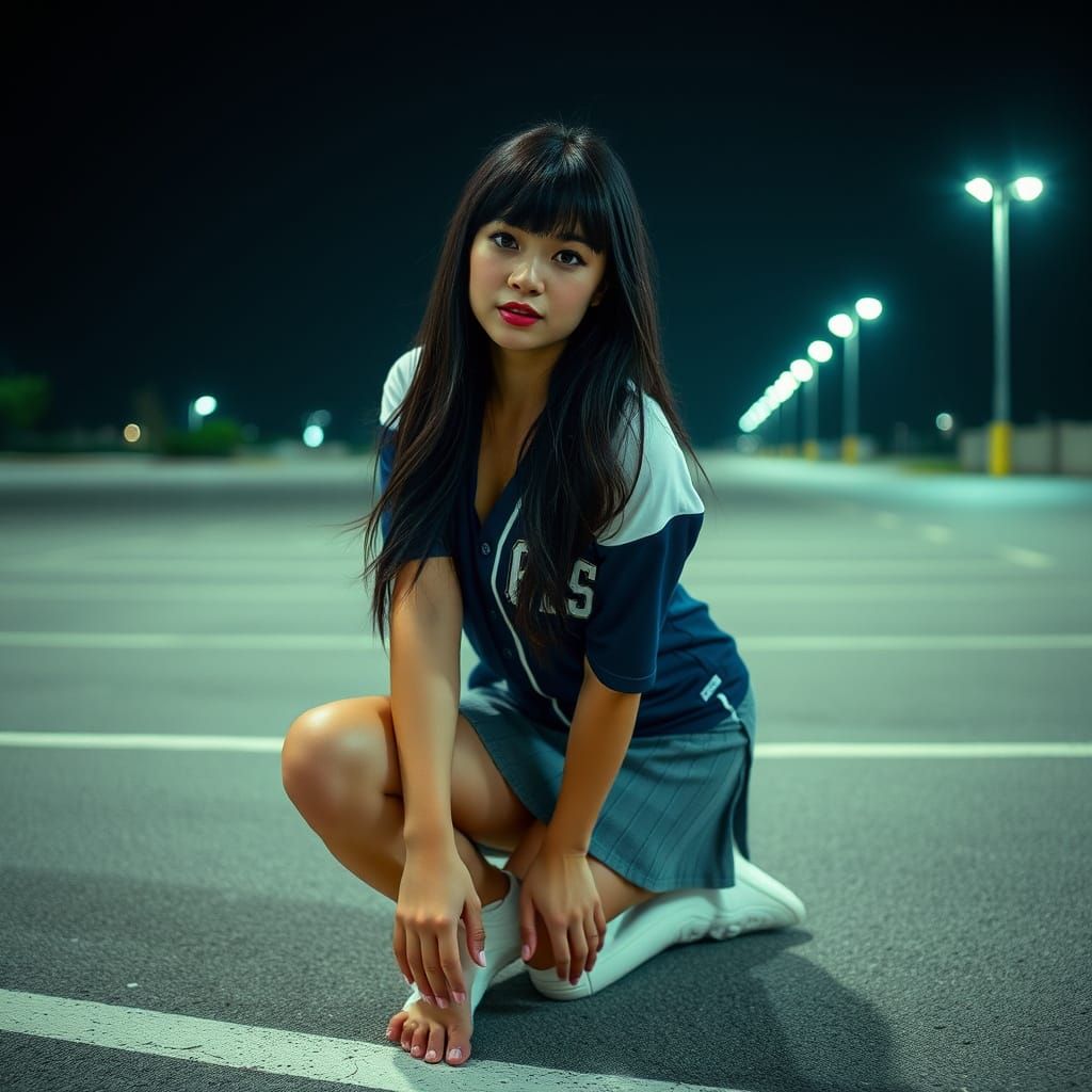 Woman in Green-Toned Nighttime Parking Lot Scene