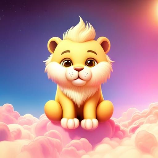 Cute Furry Lion Cub on Cloud, 3D Render