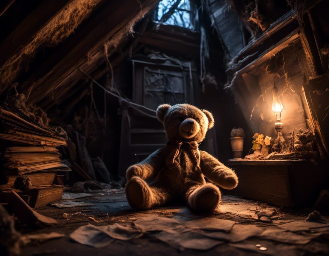 Neon-Eyed Teddy Bear in Dystopian Attic