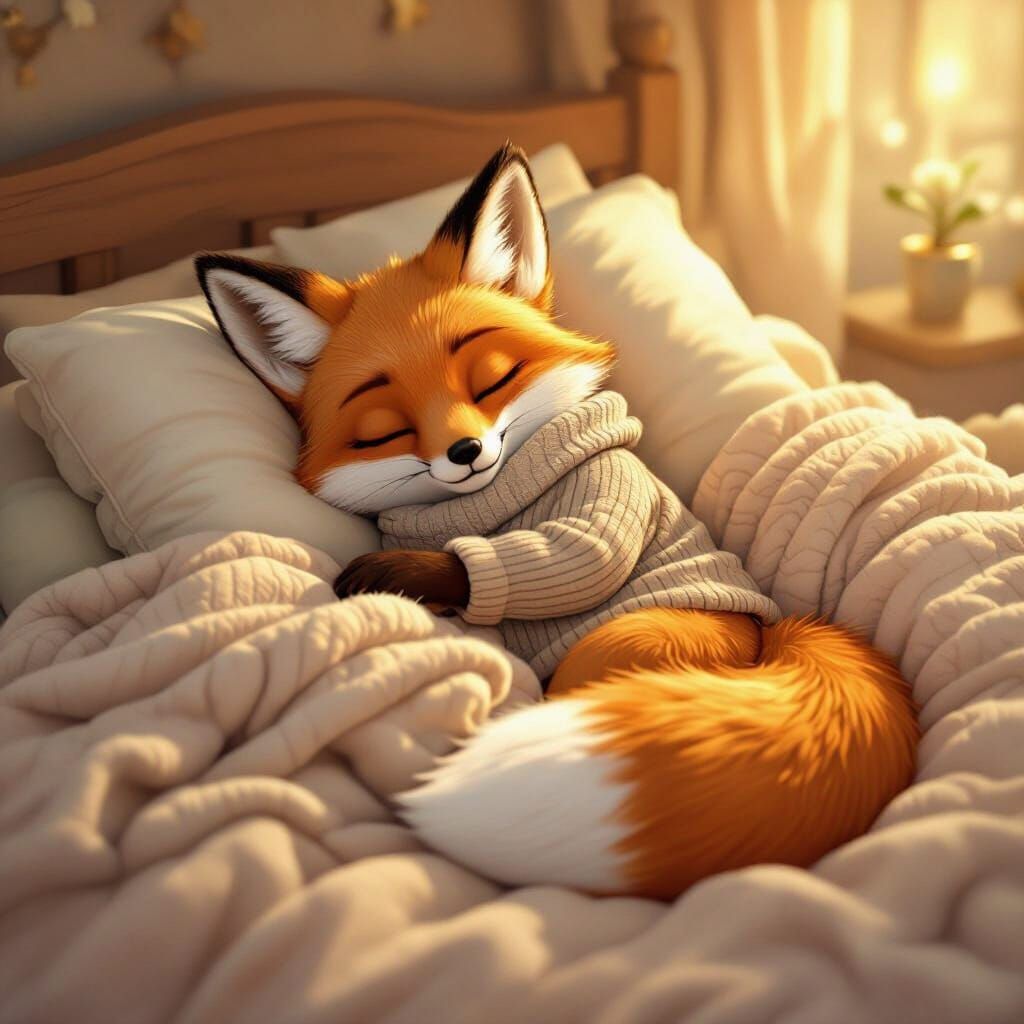 Anthropomorphic Fox Asleep in Cozy Bedroom
