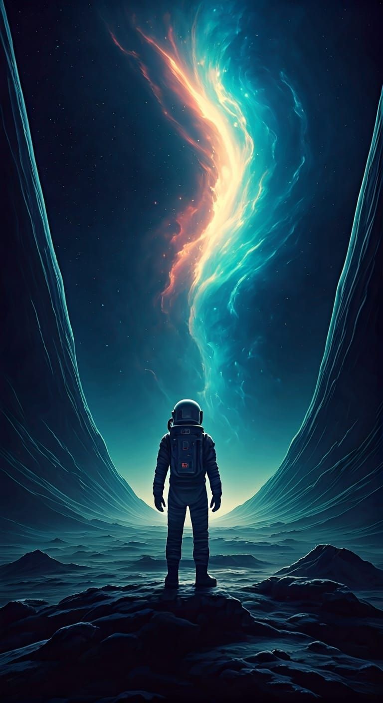 Astronaut on Alien Planet Gazing at Nebula