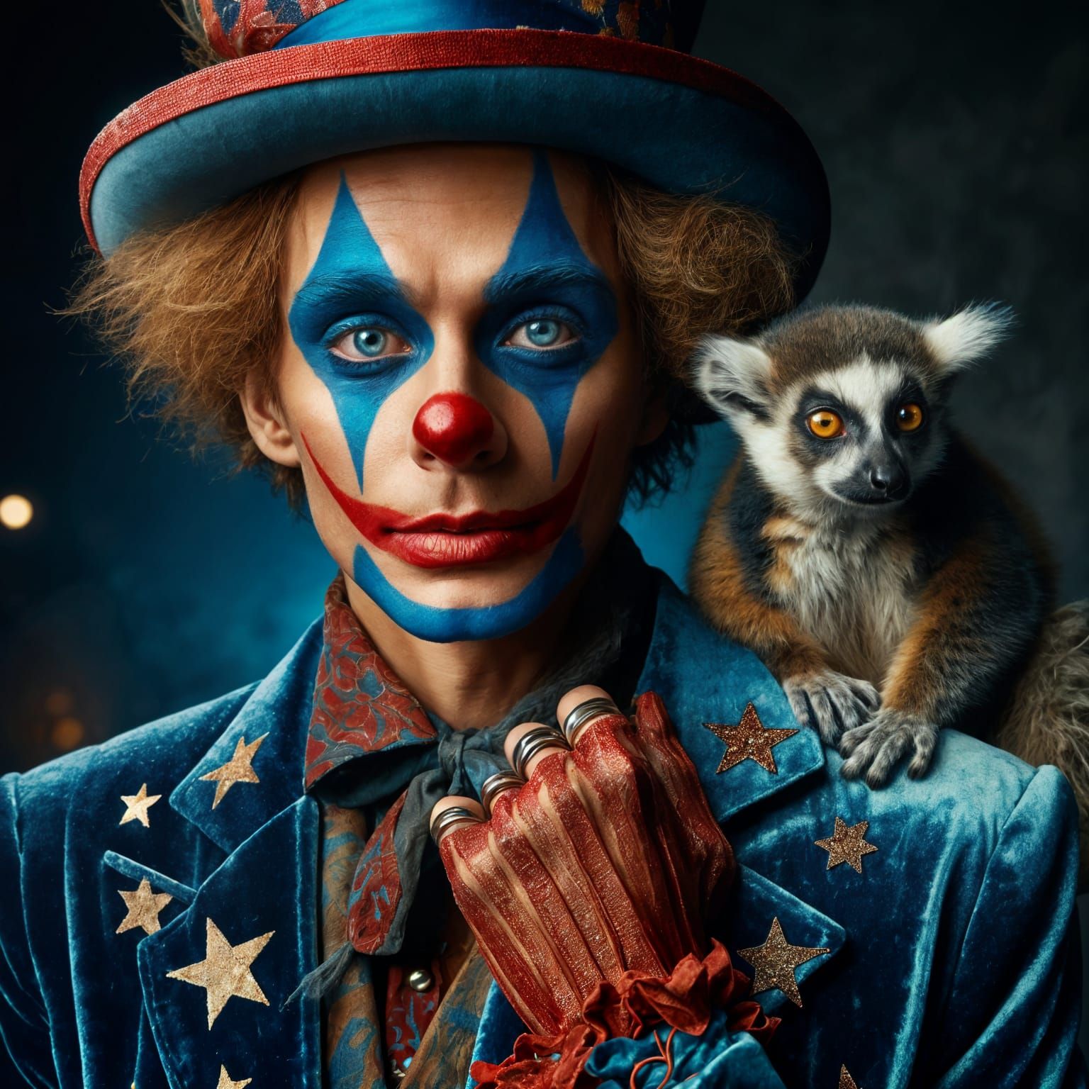 Hobo Clown with Lemur in Electric Blue Face Paint