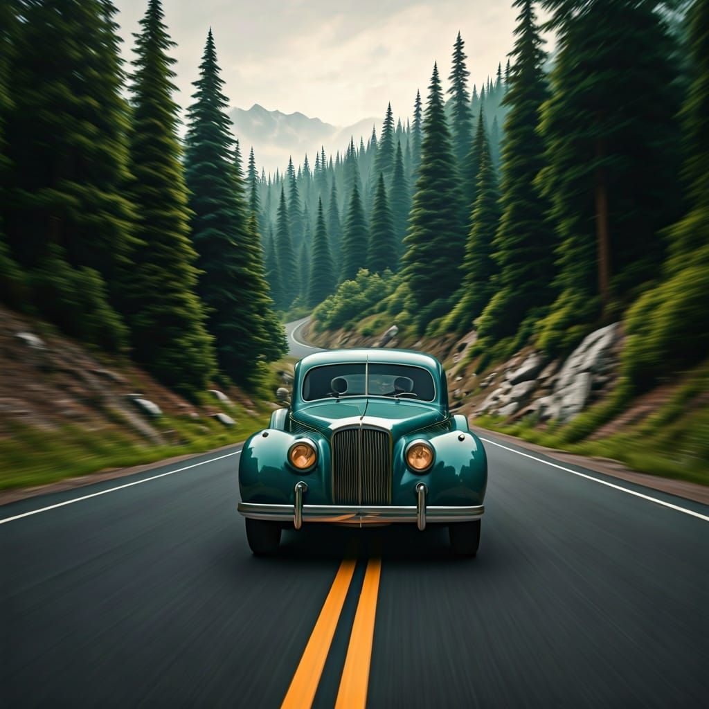 Vintage Car on Mountain Road in Concept Art Style
