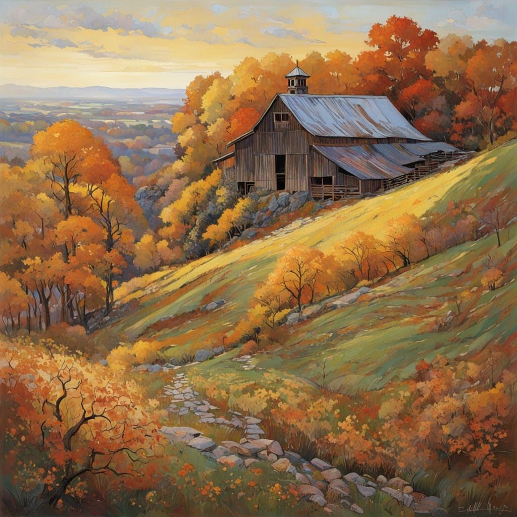 Autumn Masterpiece: Barn Amidst Rolling Hills